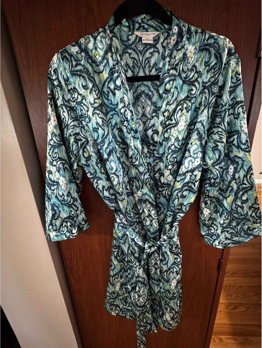 Liz Claiborne Robe Womens Medium Blue Green Belted Tunic Paisley Satin Kimono